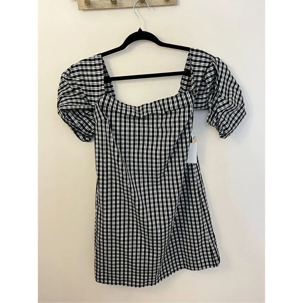 1 State Black and White Gingham Plaid Off Shoulder Dress S